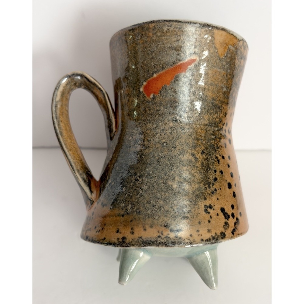 Signed P Ceramic 4 Footed Coffee Mug 16 oz Orange Speckled Art Pottery Cup Artsy